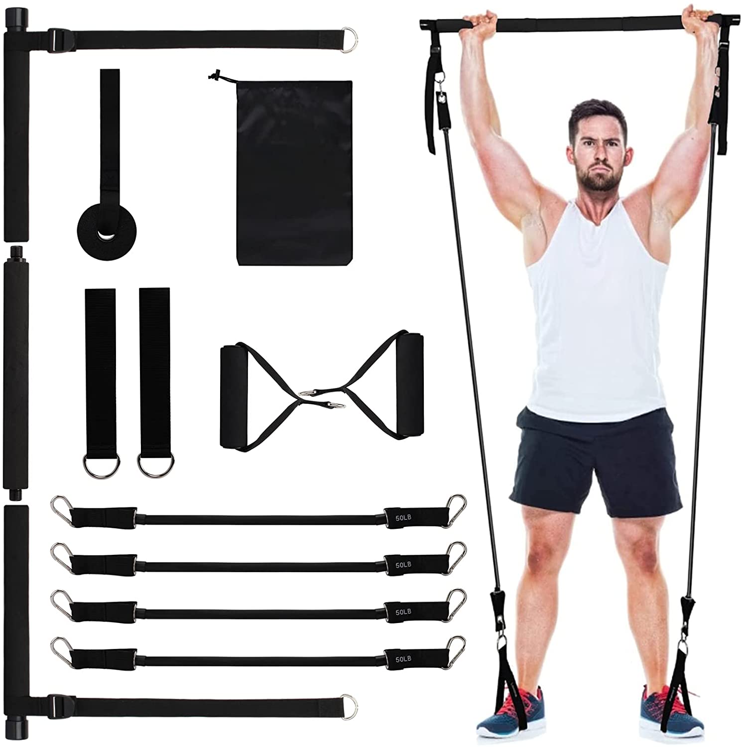 Pilates Bar Kit with Resistance Bands for Women & Men Home Gym Workout 3-Section Yoga Pilates Kit for Full Body Shaping