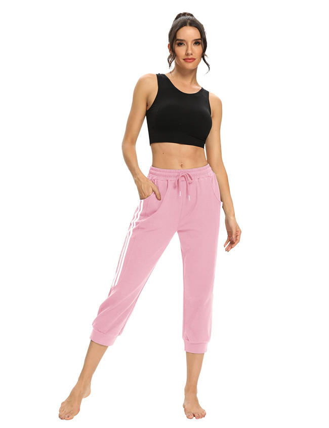 Women Casual Summer Crop Pants Loose Comfy Drawstring Stripped Jogger Capri Pants with Pockets