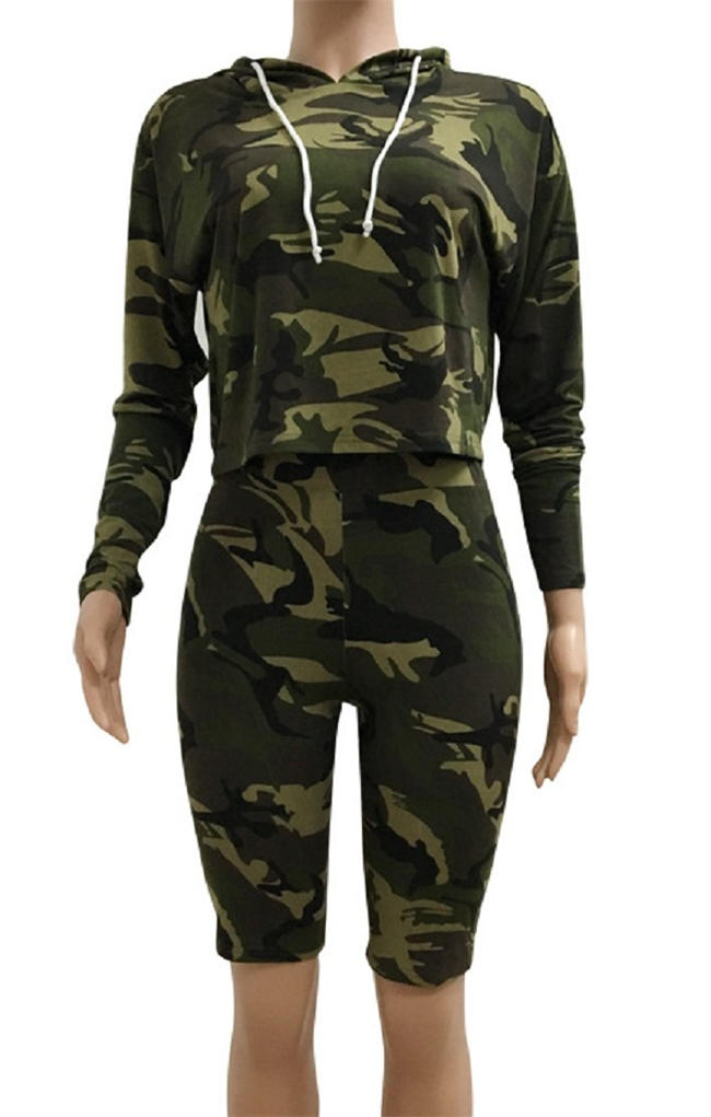 Women Sexy 2 Piece Jumpsuit Sportswear Camo Hoody Pants Set Tracksuit