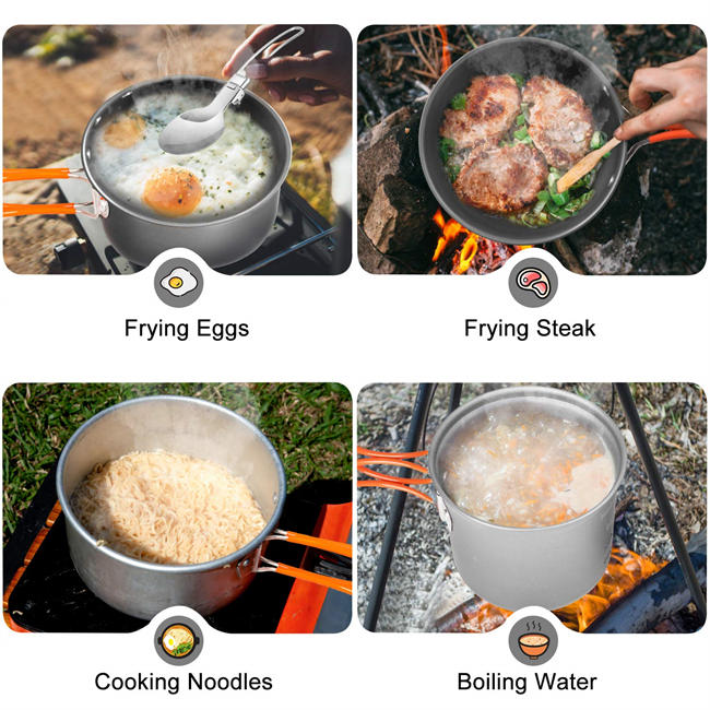 Beteray Camping Cookware Set Portable Camp Stove with Lightweight Pots and Pans Set Non-Stick Backpacking Cooking Set Camping Mess Kit with Folding Knife and Fork for Outdoor Hiking Picnic (16 Pcs)